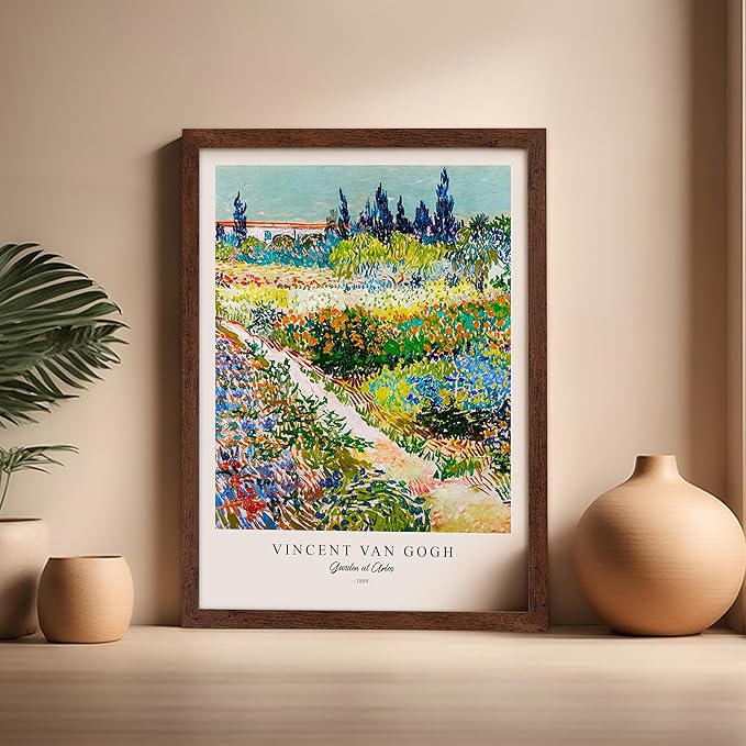 Monem Art Vintage Van Gogh Poster - Retro Impressionism Print - Garden at Arles, Colorful, Aesthetic, Beautiful - Gift for Artist, Friend - Wall Decor for Home, Office, 16x20 Brown Framed