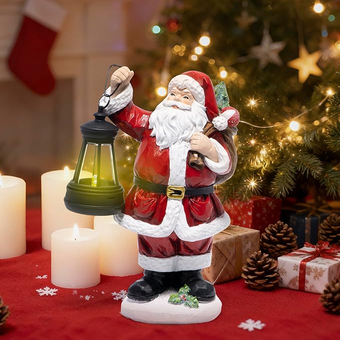 Hodao Christmas Santa Figurine with Lantern, Hand-Painted Resin Santa Claus Statue Holding Gift Bag, Holiday Tabletop Decoration for Home, Mantel, Shelf, Décor Accent