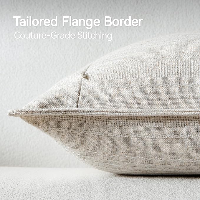a moment Linen Pillow Covers Set of 2,Boho Farmhouse Throw Pillowcases Neutral Textured Decorative Covers for Couch Sofa Bed,Soft Linen Blend Accent Case Cushion Living Room Home Decor 18"x18"Ivory