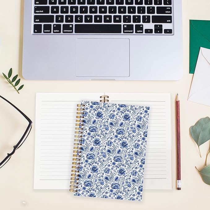 BearCake Blue Chinoiserie Grandmillennial Notebook Journal, Blue Floral Aesthetic Notebook, Chinoiserie Journal, Blue Aesthetic Office Supplies, Notebooks for Work, Hardcover Spiral Notebook 5.5x8.3