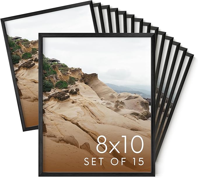 HAUS AND HUES 8x10 Black Metal Picture Frames - Features Premium Aluminum, Vertical & Horizontal Hang, Shatterproof Plexiglass - Perfect for Home, Room, Office (8x10 in, Black, Set of 15)