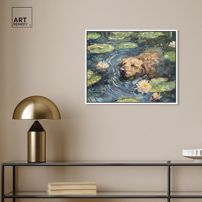 Art Remedy Monet Water Lilies Dog Rustic Chic Farmhouse Canvas Wall Art, White Floater Frame, 20"x16"