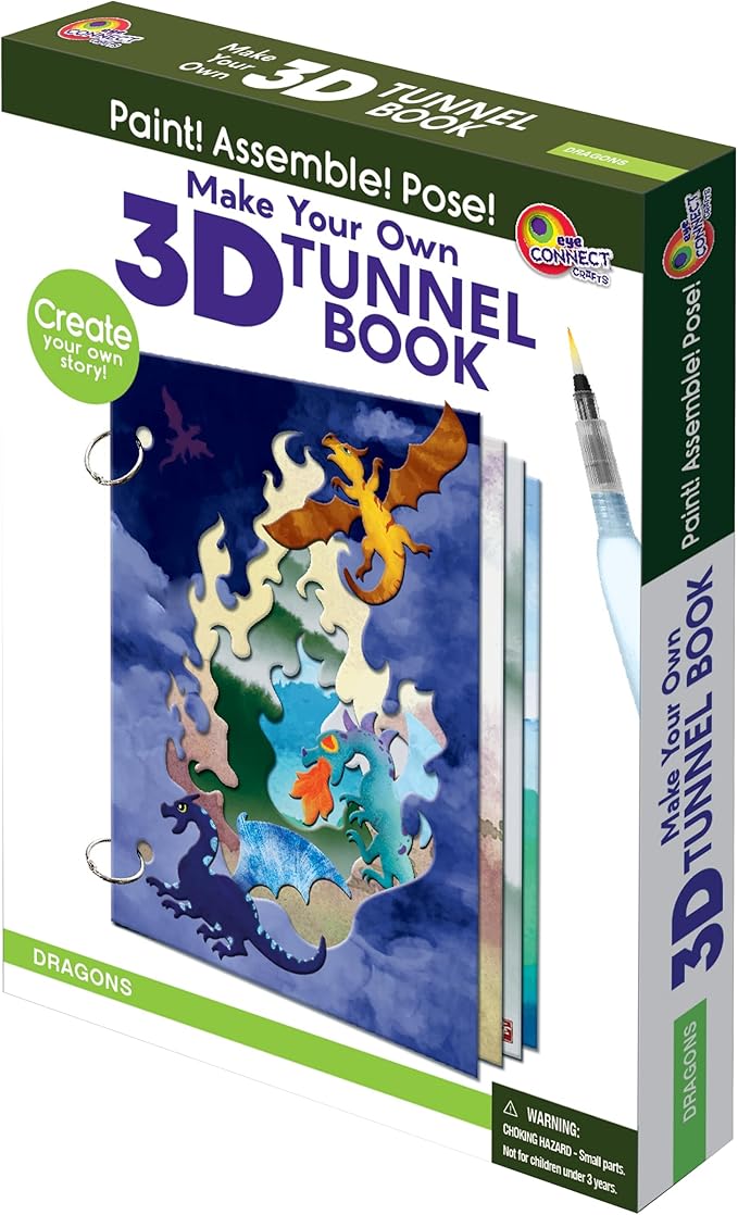 EyeConnect Crafts DIY Medium 3D Tunnel Book - Dragons | Creative Pop-in STEAM Craft Set for Kids & Teens | Build Paint & Customize with Mini Characters | Fun Pop-Up Art Activity Kit