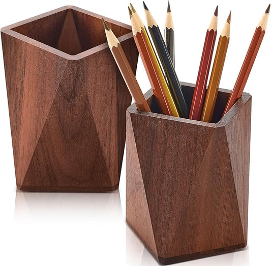 Henoyso 2 Pcs Wood Pen Pencil Holder Geometric Pencil Cup Stand Makeup Organizer for Pen Holder Desk Home Office Adults(Black Walnut)