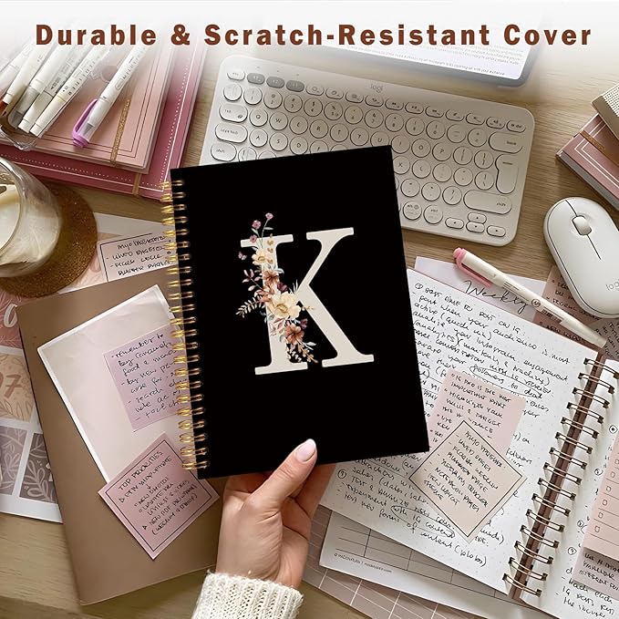 Lacama Cute Initial Letter K School Notebook Journal, Aesthetic Wildflower Personalized Black Spiral Notebook, School Supplies, Customized Monogrammed Gifts, Birthday Gifts for Women, Office Supplies