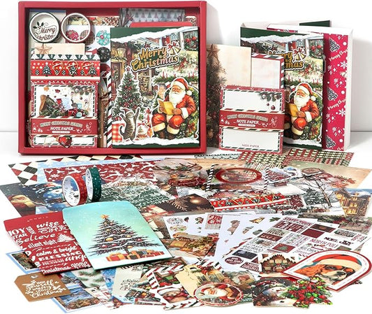 OKUPAN 157 Pcs Christmas Scrapbooking Supplies Kit - Vintage Junk Journaling Supplies, PET Stickers, Washi Tape for Bullet Journals, DIY Crafts, Planner Decor, and Holiday Gifts for Women & Adults