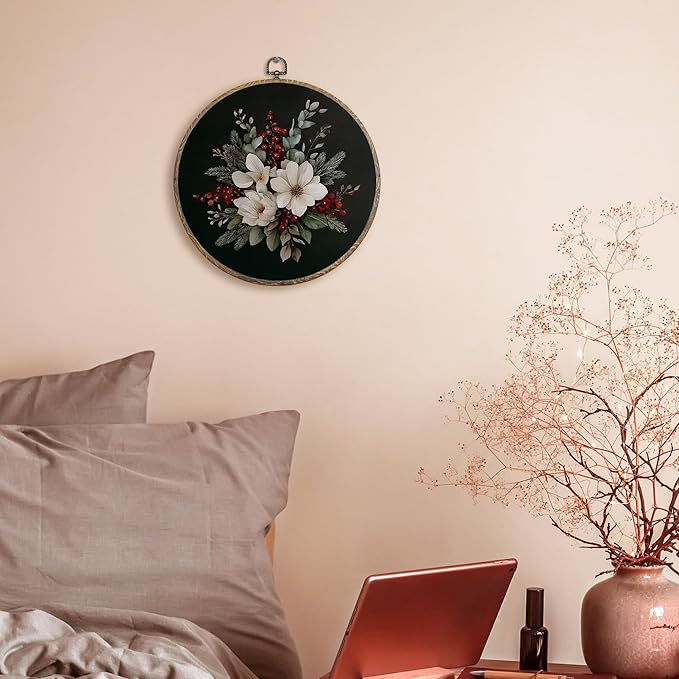 FUGWN Vintage Christmas Bouquet Floral Round Wall Art Decor Framed, Winter Christmas Canvas Artwork Prints, Rustic Moody Xmas Flower Wall Hanging Decorations for Home Bedroom Living Room, 10x10 Inch