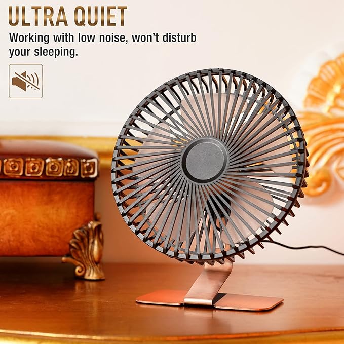 SLENPET 6 inch USB Desk Fan, 4 Speeds, Ultra-quiet, 90° Adjustment for Better Cooling, Portable Mini Powerful Desktop Table Fan, Small Personal Fan for Home Office, Metal Base, Bronze