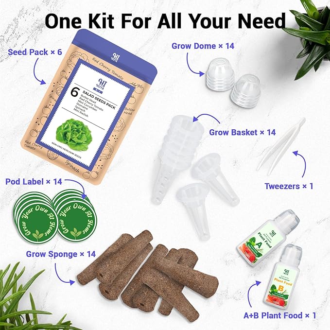 Salad Seed Pod Kit, Grow Anything Kit for All Hydroponics Growing Systems, 14 Pods with 600+ Seeds of Red Cherry Tomato, Butter Head, Romaine, Spinach, Mini Cucumber and Radish