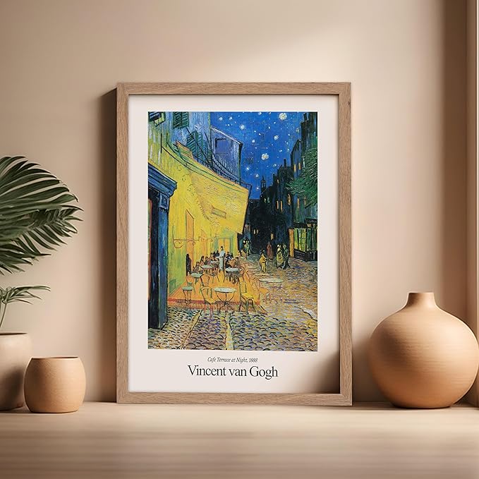 Monem Art Vintage Van Gogh Poster - Retro Impressionist Print - Cafe Terrace at Night, Arles, Stars, Aesthetic - Gift for Artist, Friend - Wall Decor for Home, Office, 16x20 Beige Framed