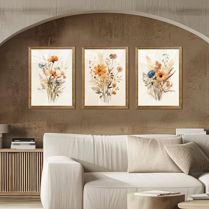 Framed Vintage Wildflower Canvas Wall Art Floral Set of 3 Country Farmhouse Watercolor Flowers Prints Rustic Wood Frame Botanical Artwork Poster for Bedroom Living Room Girls Room Decoration 12" x 16"