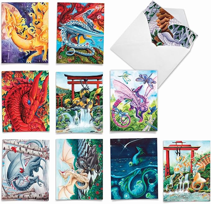 The Best Card Company - 10 Blank Note Cards (4 x 5.12 Inch) - Fun Mythical Fantasy Cards, Assorted Greetings Boxed - Dragon Dreams AM6293OCB-B1x10
