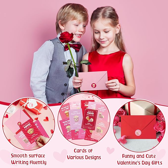 TICIAGA 144pcs Valentine’s Day Popcorn Corn Greeting Cards with Envelop Movie Night and Snack Stickers for Kids Retro Poppin Notecard Exchange Gift for Boys and Girls School Classroom Party Favors