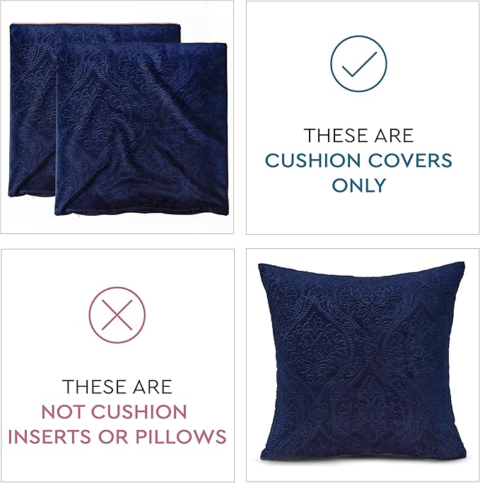 Encasa XO Luxury Embossed Velvet Throw Pillow Covers - Plush Cushion Covers for Elegant Living Rooms & Bedrooms, Machine Washable, 20"x20" Navy Blue | Set of 2 | Covers Only No Insert