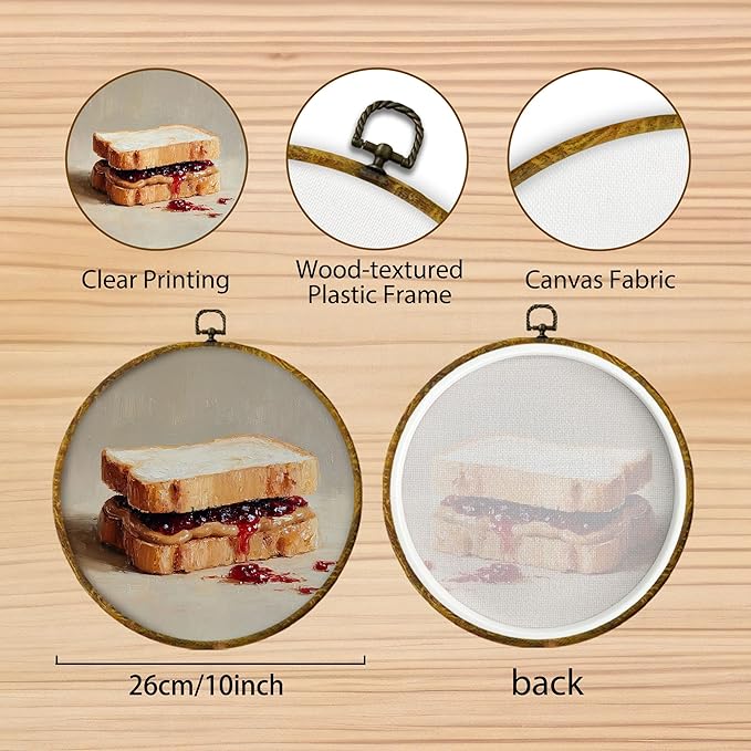Hiuwevt Vintage Bread Rustic Kitchen Round Wall Art Decor, Country Framed Canvas Prints, Neutral French Bread Still Life Round Wall Hanging Decor for Kitchen Dining Room Decorations, 10x10 Inches