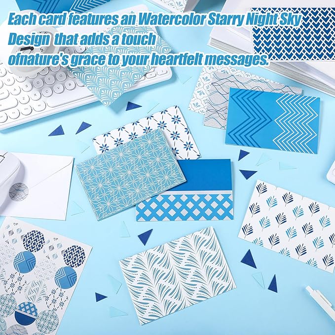 100 Pcs Blue Hue Floral Design Blank Greeting Cards 4x6, Geometric Silver Foil Blank Cards, 10 Designs, Great Stationary Set for All Occasions with Matching White Envelopes and Stickers