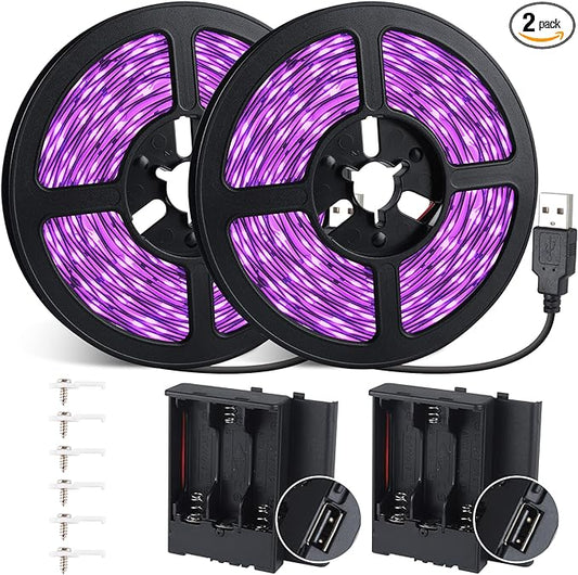 16.4FT Black Light Strip with USB Plug + Battery Box, Adhesive 300LEDs Blacklight Fixture, Battery & USB Operated for Glow Neon Party Birthday Glass Cabinet Fluorescent Poster Fishing Boat