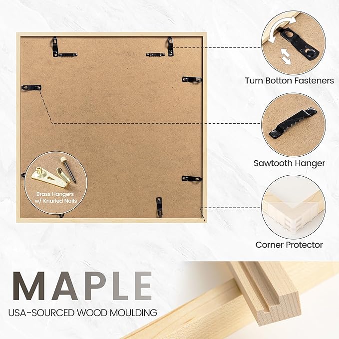 16x16 Picture Frame, USA-Sourced Natural Maple Wood Photo Collage Frame with HD Tempered Glass, Modern Simple 16 x 16 Wooden Frame Matted to 12x12, Gallery Wall Frames for Art