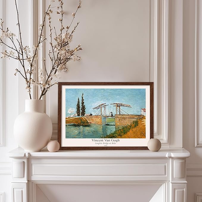 Monem Art Vintage Van Gogh Poster - Retro Langlois Bridge at Arles Print - Impressionism Art - Landscape Art - Fine Art - Classic Painting Art - Bedroom or Office Decor - 8x10 Brown Framed