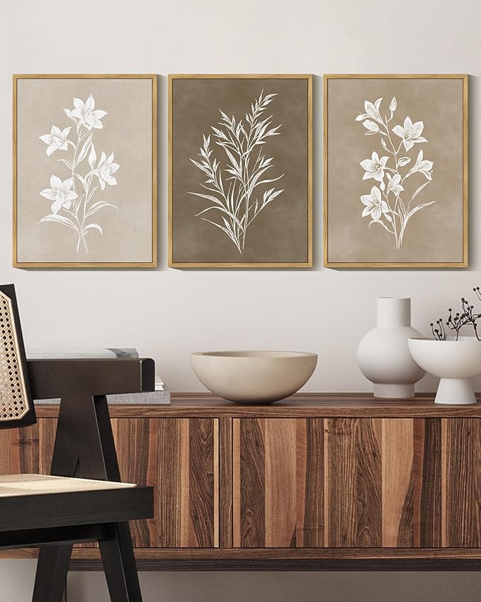 KUVIOKE Vintage Botanical Flower Framed Wall Art Colorful Neutral Boho Floral Wall Decor Botanical Retro Wildflower Modern Art Prints Rustic Home Decor 11x14in (Natural Framed)