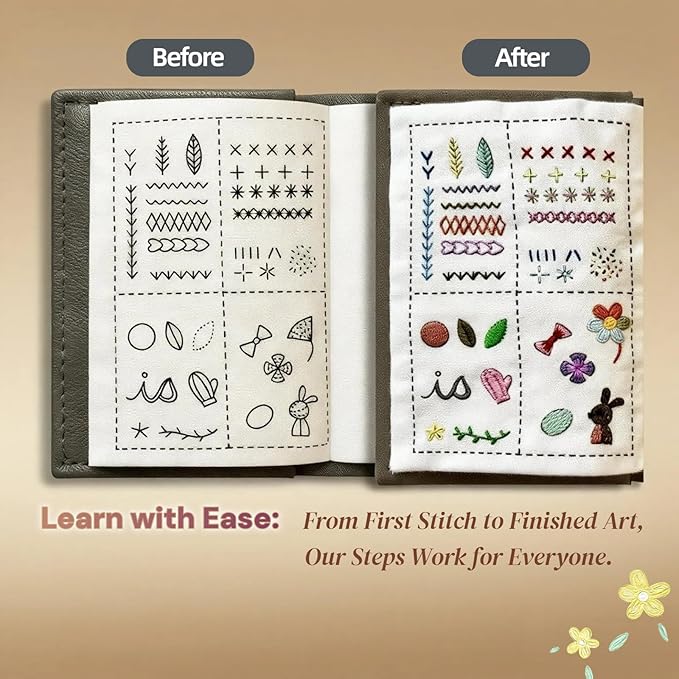 2026 Upgraded Embroidery Stitch Book & Complete Kit for Beginners | Includes 86 Tools,63 Water-Soluble Patterns & 106 Designs with Instructions | Portable Craft Set for Adults & DIY Lovers