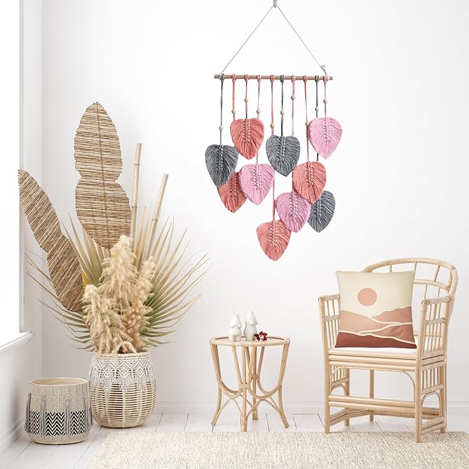 LB Macrame Wall Hanging Decor, Boho Chic Feather Wall Decor Macrame Photo Wall Hanging Handmade Yarn Woven Wall Art Pink Leaf Tapestry for Bedroom Living Room Nursery Office Backdrop, 16x35 Inch
