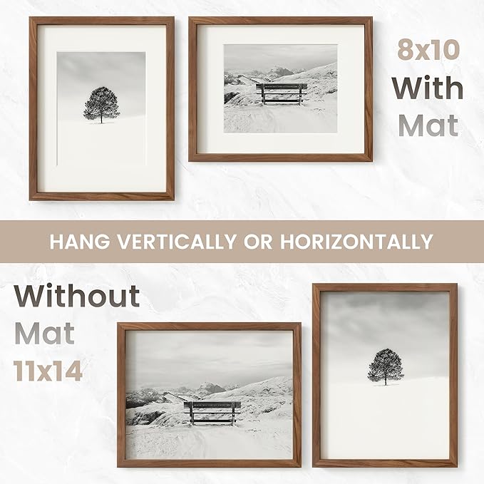 11x14 Picture Frame Set of 3, USA-Sourced Natural Walnut Wood Photo Collage Frame with HD Tempered Glass, Modern Simple 11 x 14 Wooden Frame Matted to 8x10, Vertical & Horizontal Wall Hanging Display