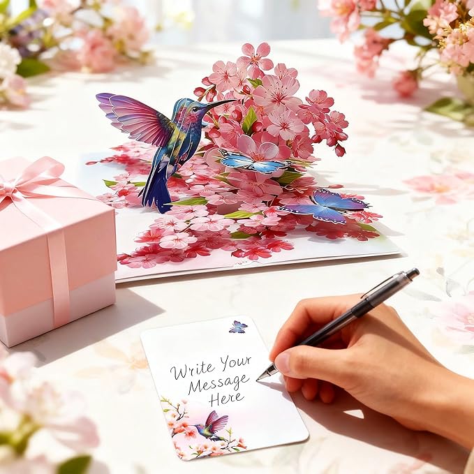 Hummingbird Cherry Blossom Greeting Cards Pop Up 3D Gift for Happy Birthday, Anniversary, Thank you, Blank Notecard, All Occasions Mom Wife Grandma Grand Men Women