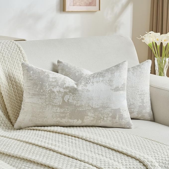 FUTEI Beige White Decorative Throw Pillow Covers 12x20 Inch Set of 2,Jacquard Weave Pillow Case in Soft Faux Cashmere,Modern Home Decor for Couch Living Room