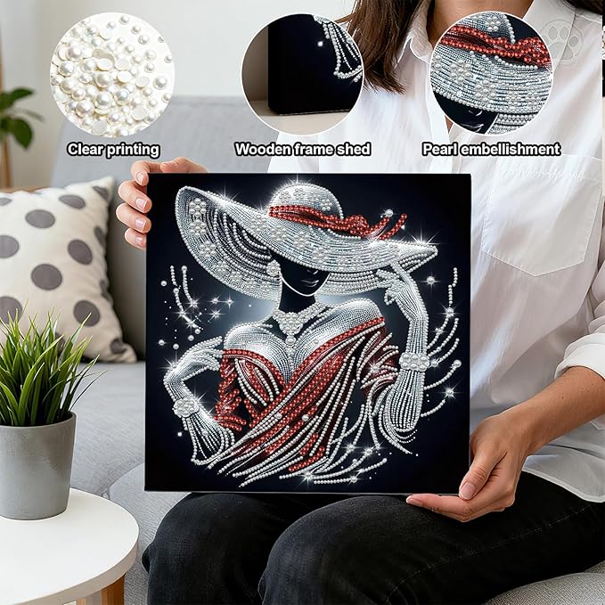 DIY Pearl Painting Kit with Wooden Frame, 3D Plastic Pearl Gemstone Ocean Art Craft for Adults Beginners, Diamond Art Kits for Adults, Home Wall Decor Ready Gift for Women(Red Dress Woman)(30 * 30cm)