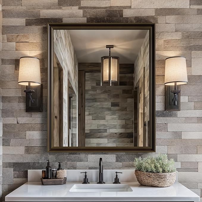 Retro Copper Effect Framed Wall Mirror, 30x36 Rectangle Mirror, Anti-desilvering Tempered Glass, Sustainable&Sturdy Frame, Anti-Rust, HD Reflection &3min Fast Setup for Bathroom Living Room