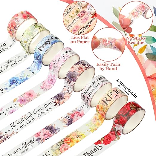 Janlaugh 24 Rolls Christian Washi Tape Gifts Bulk Religious Inspirational Scripture Supplies Bible Verse Tape for Bible Study Journaling Crafting Christmas Stocking Stuffers Gift(Stylish)