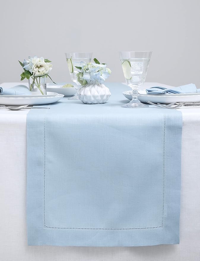 Solino Home Linen Sky Blue Table Runner 120 Inches Long - 100% Pure Linen Hemstitch 14 x 120 Inch Table Runner for Dining, Spring, Easter - Classic Hemstitch