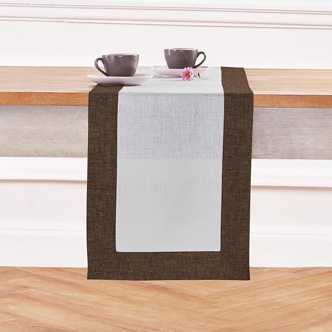 Solino Home Linen Table Runner 90 Inches Long - Chambray Brown and White 100% Pure Linen 14 x 90 Inch Table Runner for Dining - Contempo