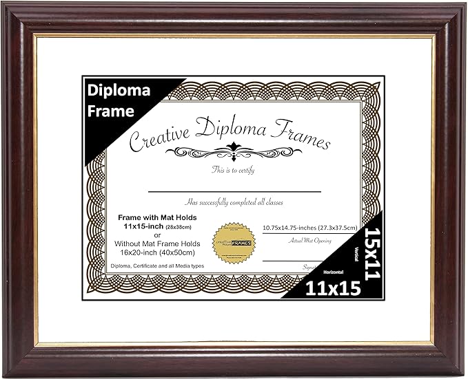 Creative Picture Frames 11x15 Mahogany Gold Rim Diploma Frame with White Mat Glass and Installed Wall Hangers | Frame Holds 16x20 Media without Mat