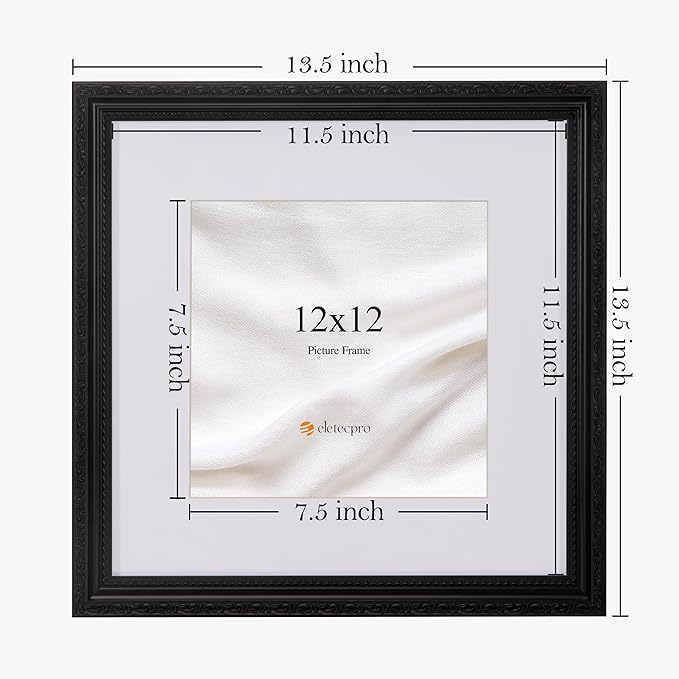 eletecpro 12x12 Picture Frames Set of 4, Vintage Photo Frame with Glass, Rustic Frames 12 x 12 Display 8x8 Photo with Mat or 12x12 without Mat for Home Wall Decor, Black