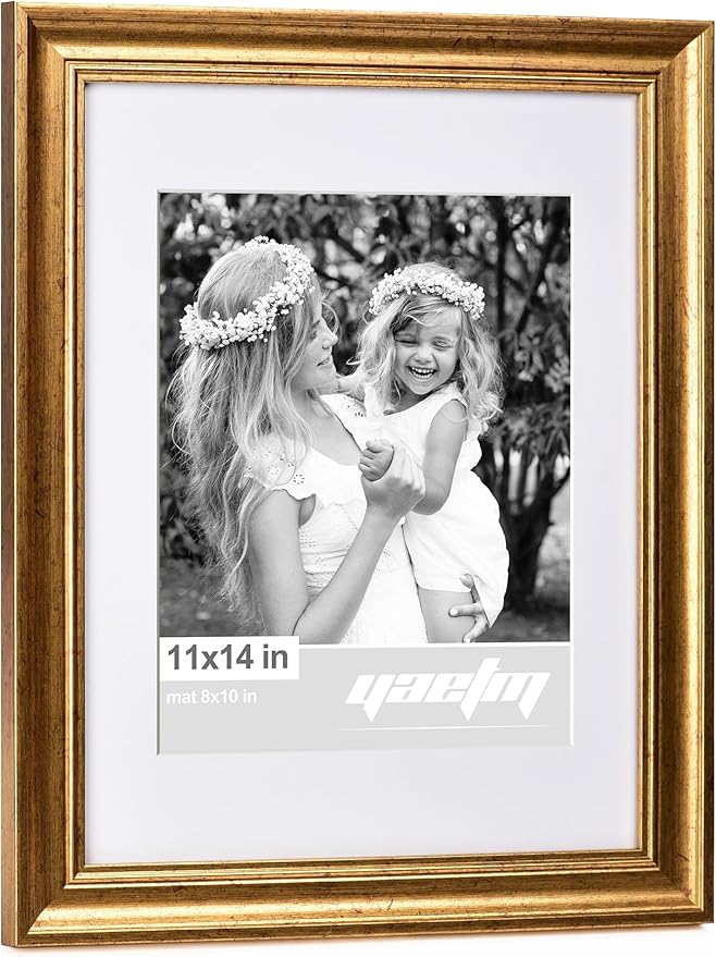Yaetm 11x14 Gold Picture Frame with Mat for 8x10 Set of 4, 1.4" Wide Molding & Rustic Gold Frame 11 x 14 with Tempered Glass for Wall Gallery, Home and Office, Wall Mount, 4 Pack