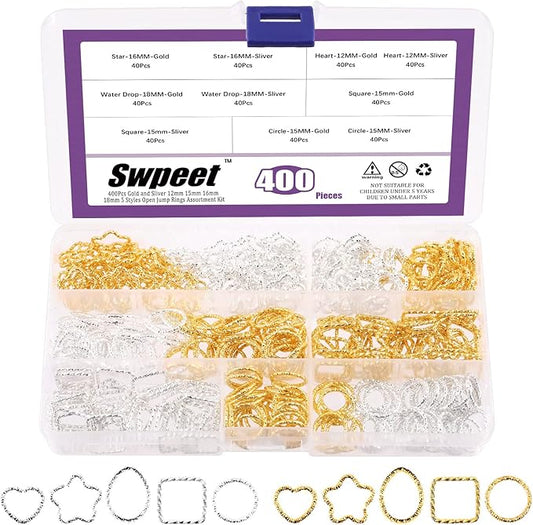 Swpeet 400Pcs Gold and Sliver 12mm 15mm 16mm 18mm 5 Styles Open Jump Rings Assortment Kit, Plum Bossom/Water Droplets/Heart/SquareIron O Rings Connectors Jewelry Findings