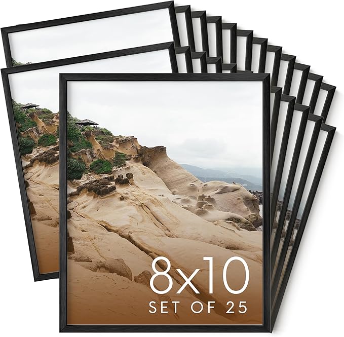 HAUS AND HUES 8x10 Black Metal Picture Frames - Features Premium Aluminum, Vertical & Horizontal Hang, Shatterproof Plexiglass - Perfect for Home, Room, Office (8x10 in, Black, Set of 25)