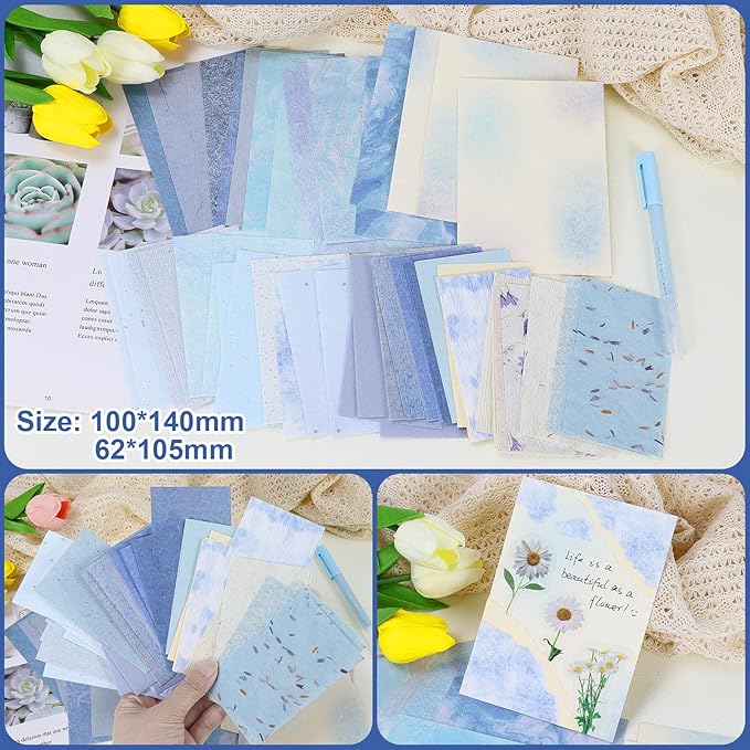 Koqye 131PCS Aesthetic Scrapbook Paper Pack, Junk Journal Supplies Starter Kit with Floral Stickers, Scissors, Quick Dry Glue Pen, Scrapbook Kit for Planner DIY Arts Craft Collage (Coastal Tide)
