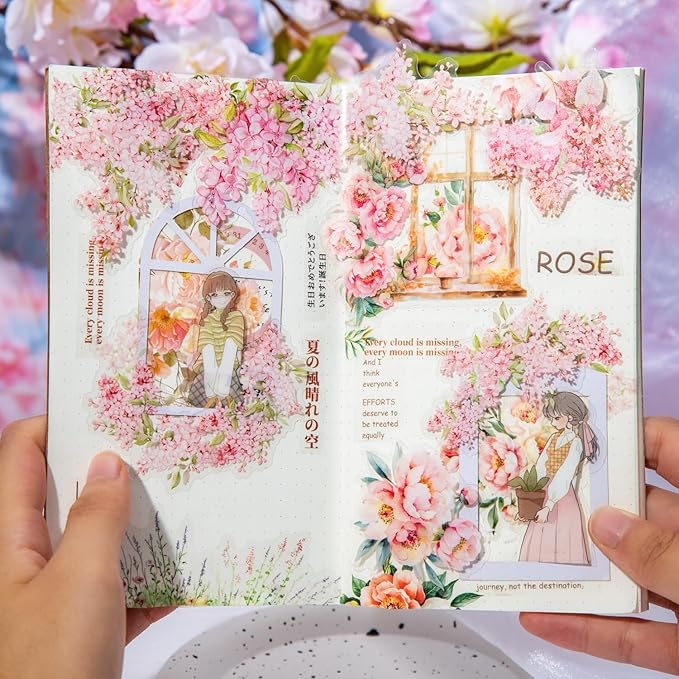 180Pcs Floral Scrapbook Stickers for Junk Journal, Nature Flower Clear PET Stickers for Scrapbooking, Planner, Journaling Supplies, Bullet Journal, Crafting (Pink Garden)