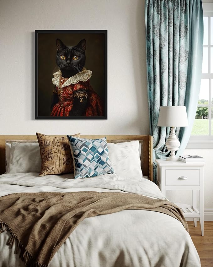 Princess Cat Portrait Art Poster Print, Cat Kitten Painting Humor Portrait Pet Artwork Decor Gallery A8 (Princess Cat, 8 x 10 inches, Black Frame)
