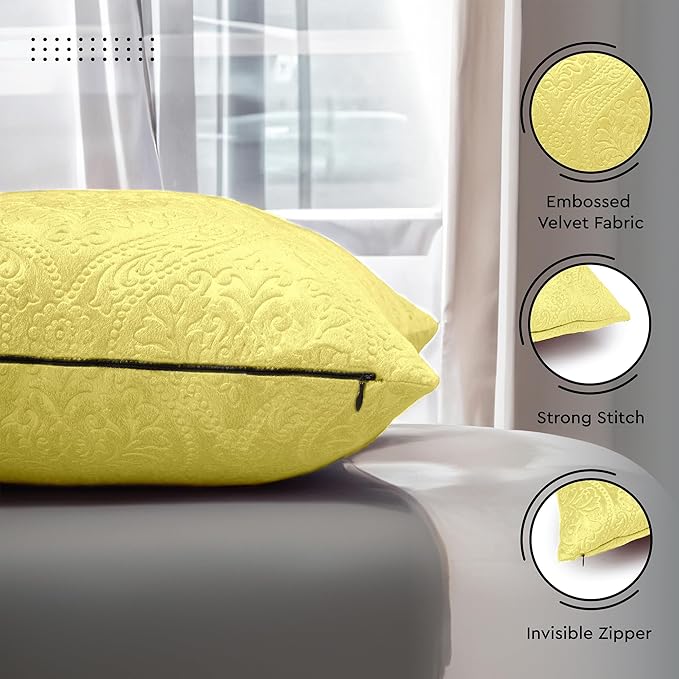 Encasa XO Luxury Embossed Velvet Cushion Covers - Plush Throw Pillow Covers for Elegant Living Rooms & Bedrooms, Machine Washable, 18x18 Pale Lime | Set of 2 | Covers Only No Insert.