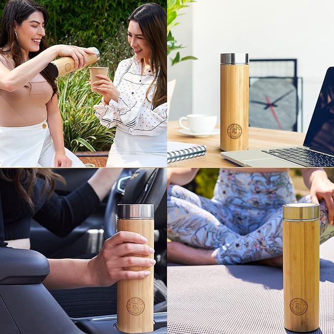 LeafLife Premium Bamboo Tea Bottle for Loose Tea - Tea Infuser Bottle - Tea Gifts - Insulated Water Bottle/Coffee Tumbler/Tea - Tea Gift Set, Tea Accessories - Tea Tumbler 17oz
