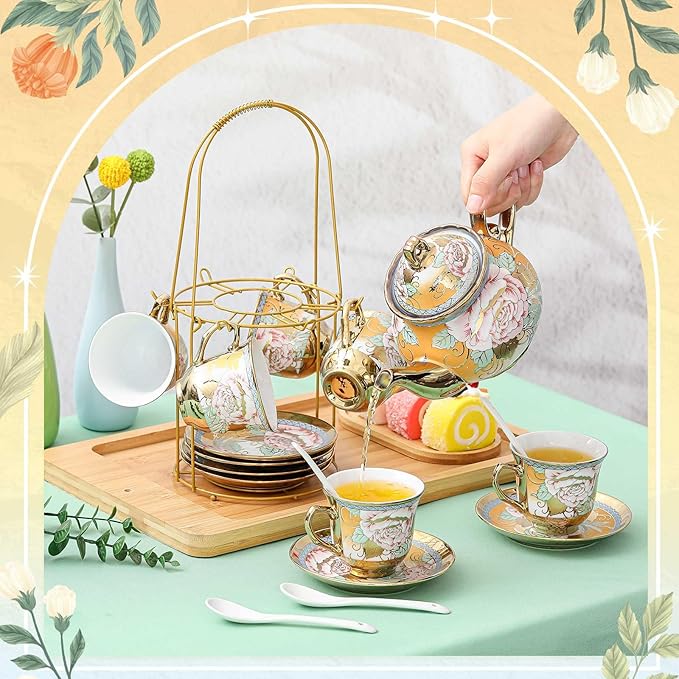 Zhehao 20 Pcs Porcelain Tea Set with Metal Holder and Spoon Adult Ceramic Tea Set European Flower Painting Teapot Cup Saucer Spoon for Women, Large Version(Classic Style)