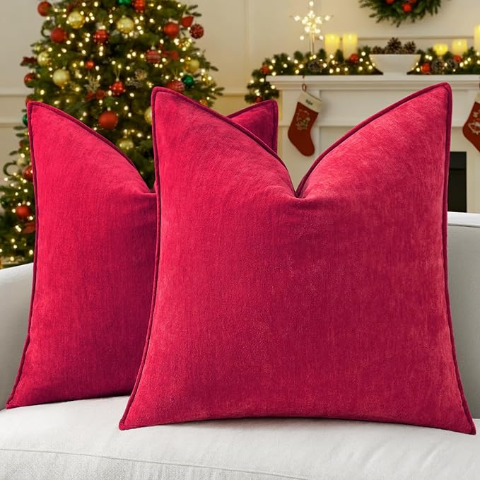 decorUhome Spring Couch Throw Pillow Covers 16x16 Set of 2, Decorative Soft Velvet Neutral Chenille Pillow Covers with Elegant Design for Sofa Bed Living Room Home Decor, Red