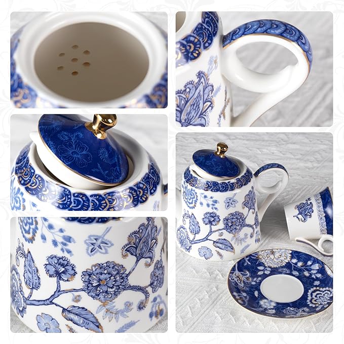 Tea Set for Adults Ceramic Tea Pots and Tea Cup Set, Royal Blue Tea Cups and Saucers Set for Afternoon Tea, Party, Home, Office, Porcelain Chinese Gong Fu Tea Set with Gold Rim (Navy Gold Seal)