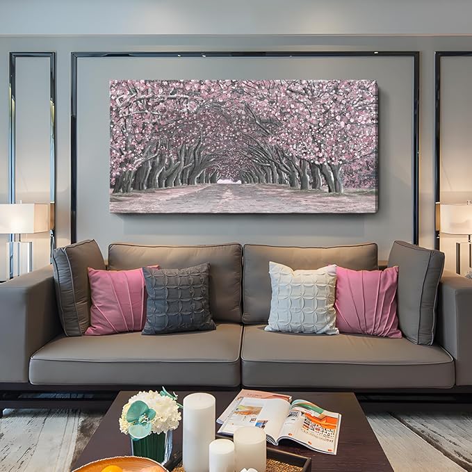 Nicetop Large Pink Wall Art – Floral Tree Artwork Romantic Cherry Blossom Landscape Canvas Art Print Dreamy Sakura Flower Pathway Forest Tunnel Nature Picture for Living Room Bedroom Girls Room 48x24 Inch