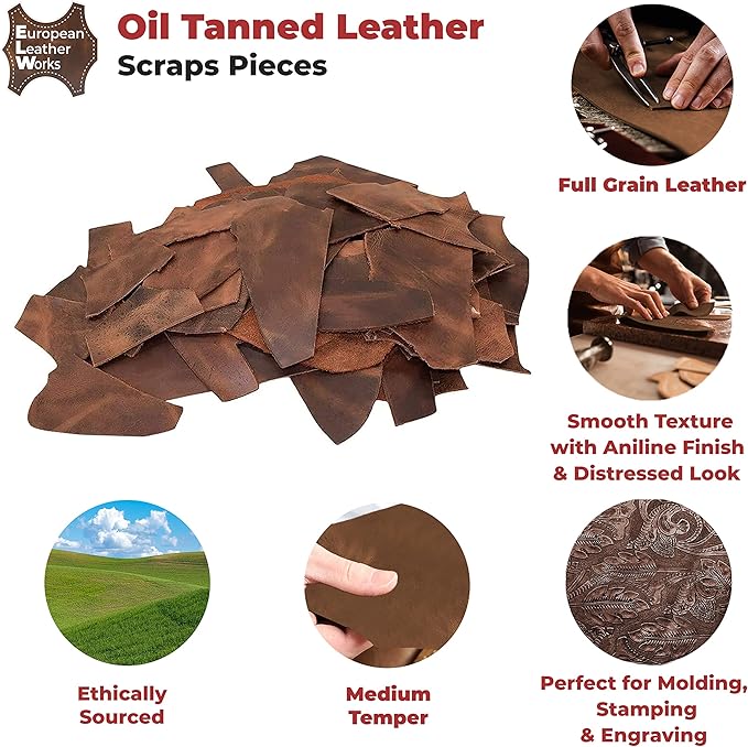 European Leather Work 5-6 oz. (2-2.4mm) Thickness Oil Tanned Scraps Size: 10 LB - Bourbon Brown Cowhide Full Grain Leather for Accessories, Jewelry, Crafting, DIY Projects