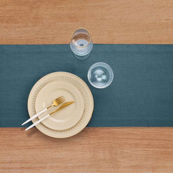 Solino Home Linen Table Runner 120 Inches Long - 100% Pure Linen Peacock Blue Table Runner 14 x 120 Inch for Winter - Fete